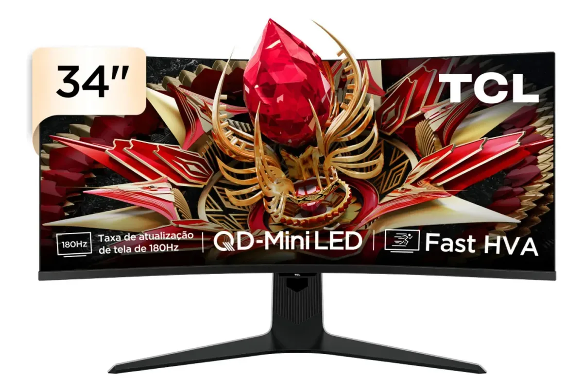 Monitor Gamer Curvo Tcl 34 Polegadas Qled Mini Led Wqhd R83q 180Hz 1ms (GtG) Hdr 1400 nits 34R83q